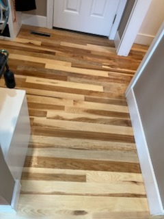 Warm finished hardwood floor in a hallway by a white door